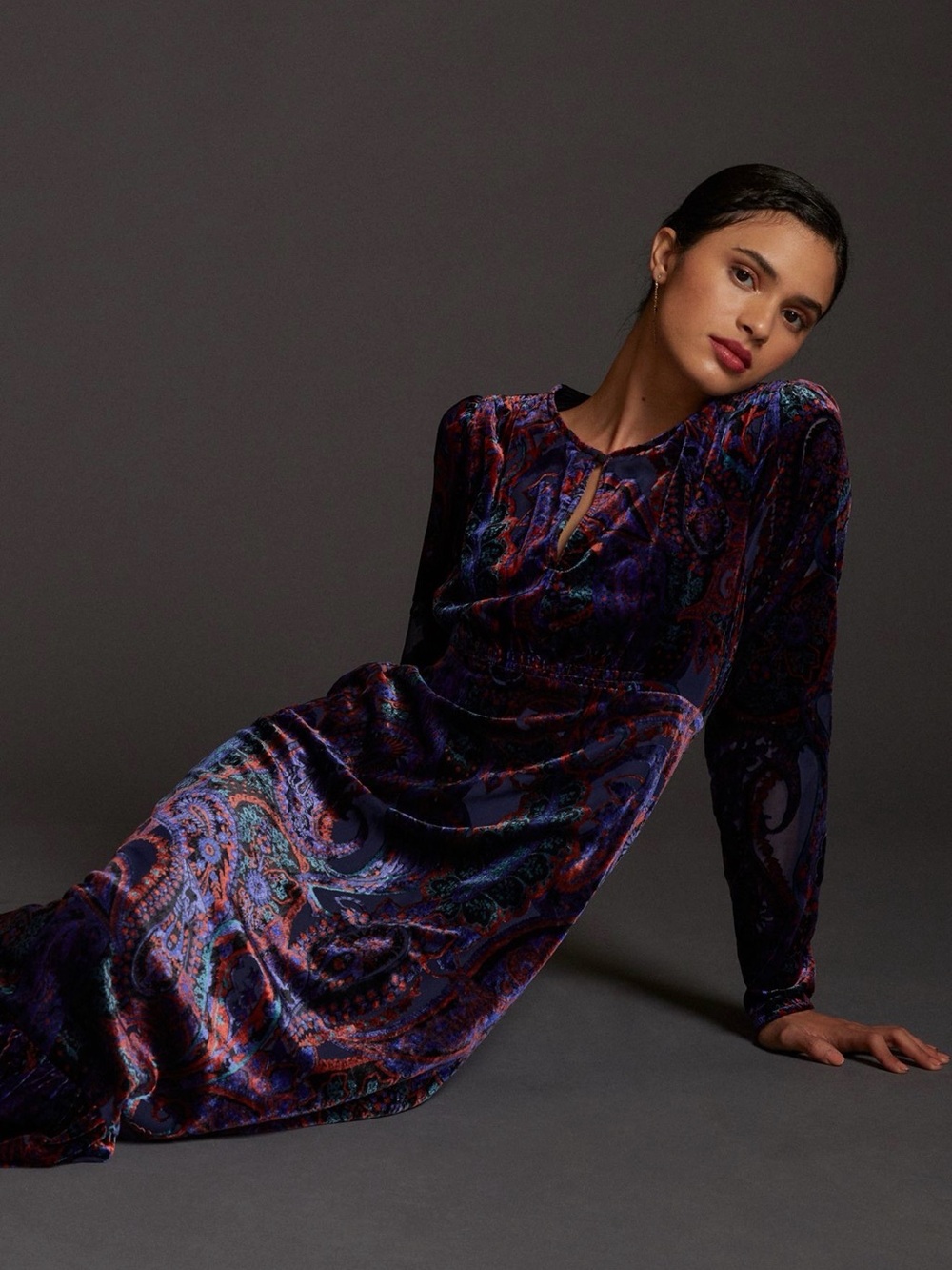 Anthropologie Burnout Velvet Paisley Maxi Dress Blue Purple Size 10 - Picture 2 of 16